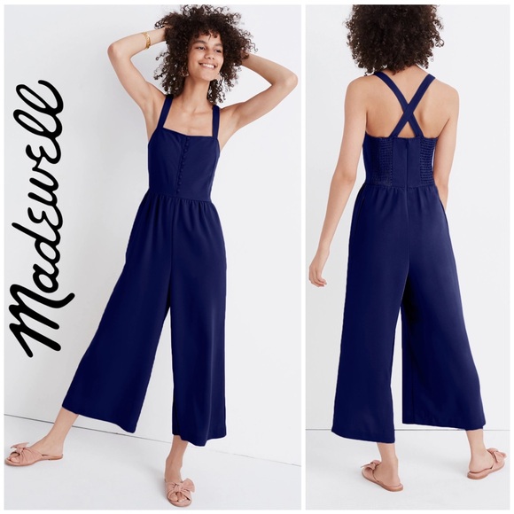 Madewell, Navy Smocked Button-Front Crop Jumpsuit